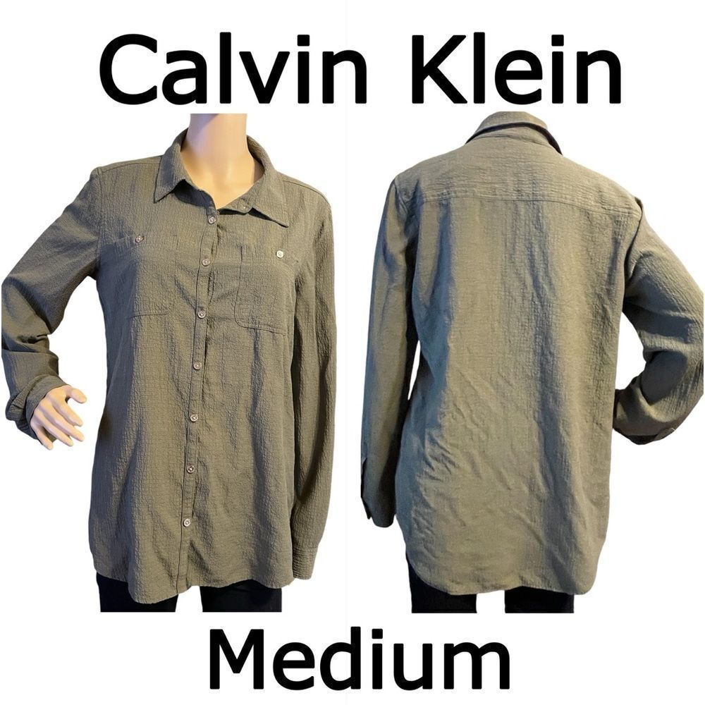 Calvin Klein Double Crepe Gauze Button Down Roll Tab Sleeve Blouse Olive Green M